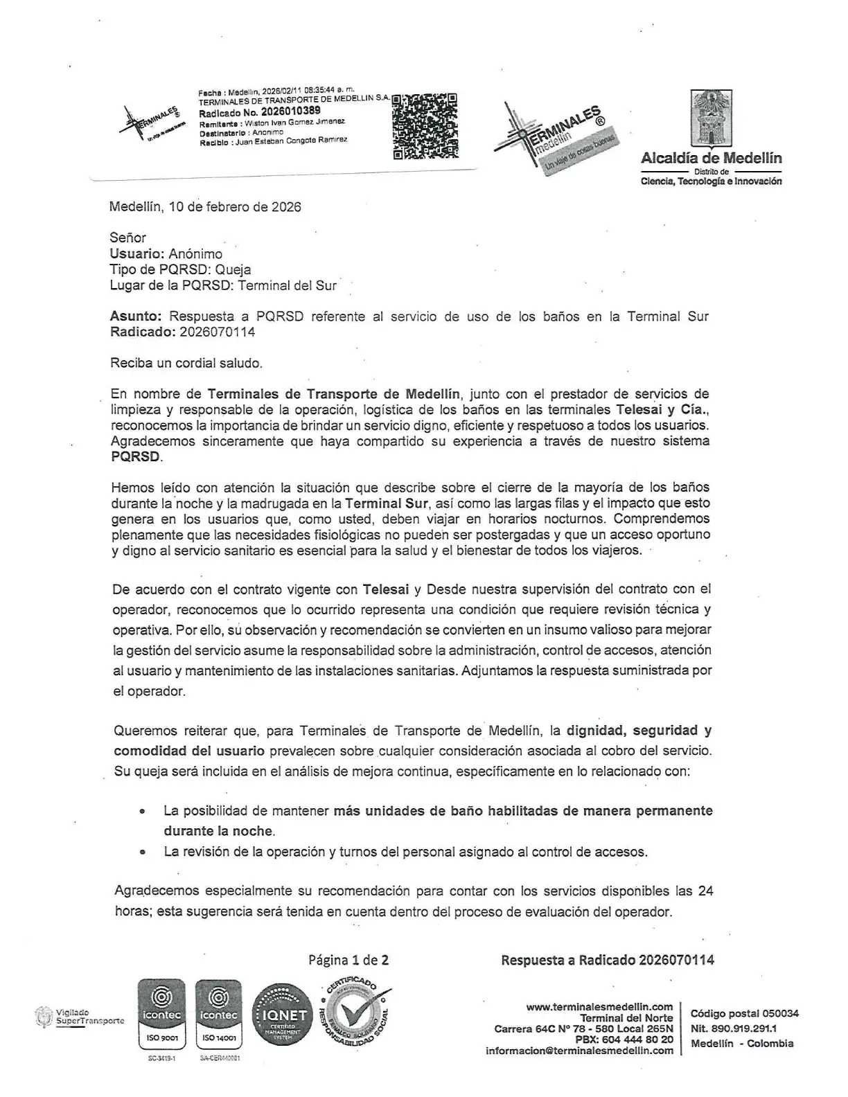 Respuesta radicado 2026070114