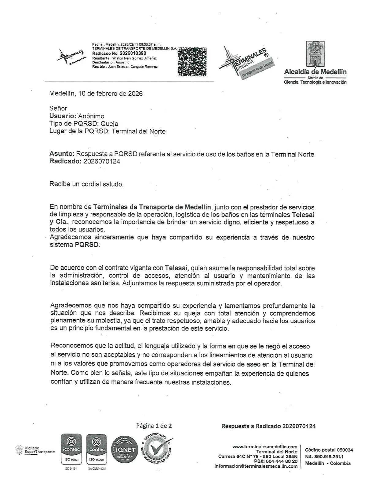 Respuesta radicado 2026070124